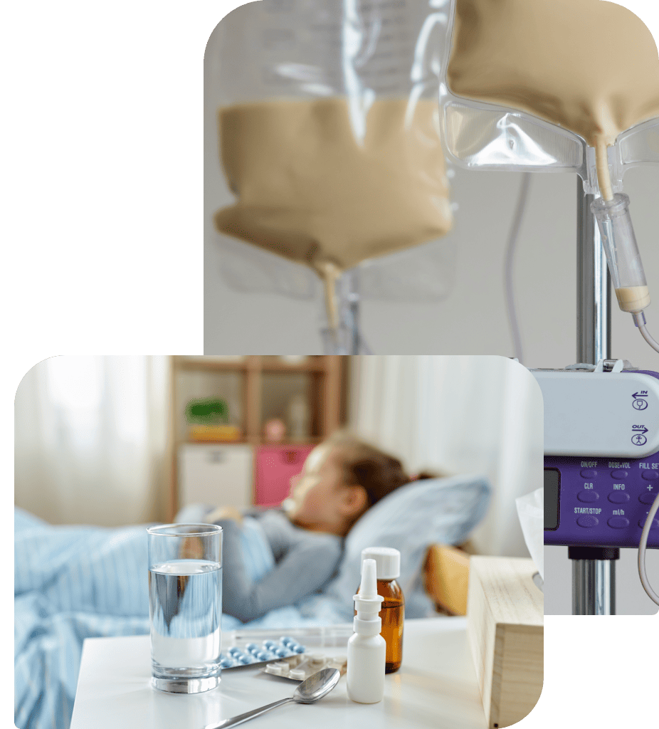 medication, nutrition and child in bed